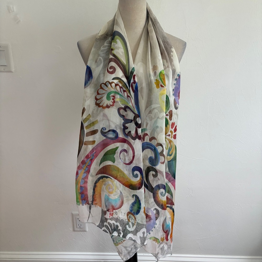 Uno Alla Volta 100% Silk Scarf Italy Watercolor Paisley Abstract Print Wrap Long